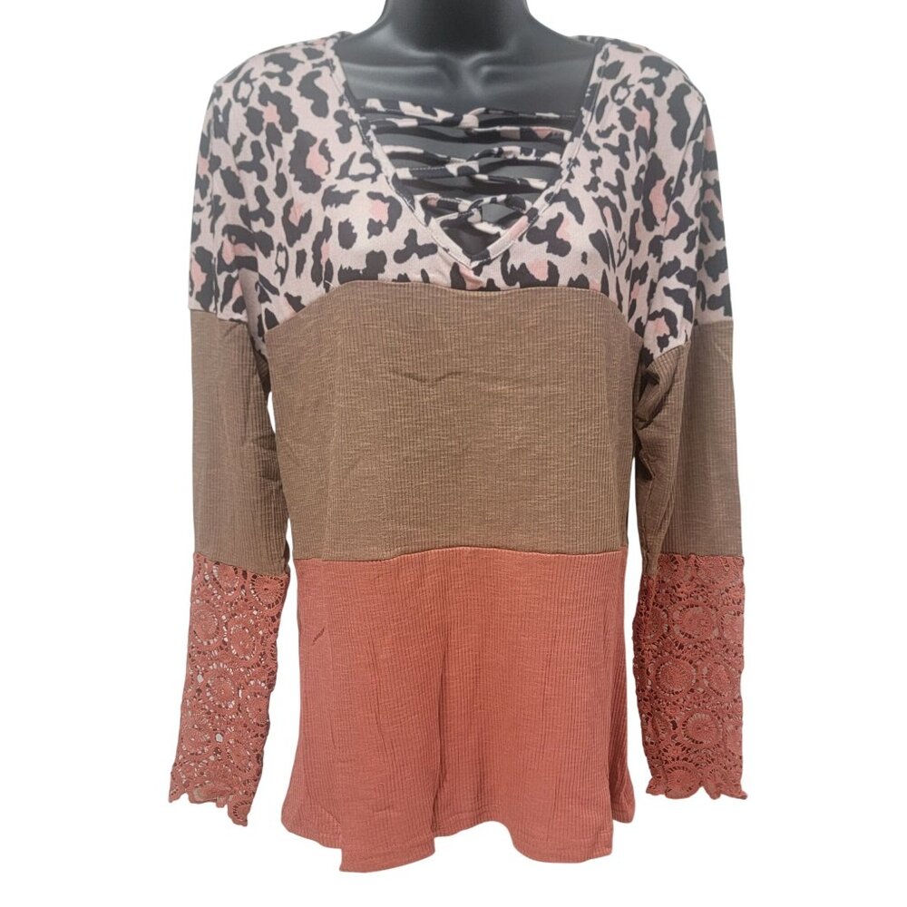 Cheetah Mocha and Rust Color Block Lace Sleeve Top L